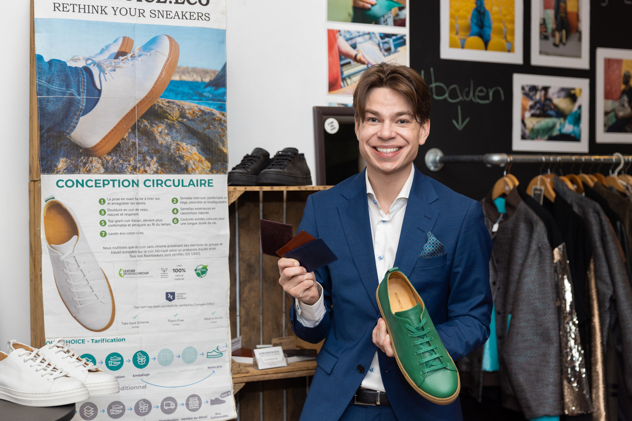 Filip Westerlund is seen with samples of his products--the world’s first circular 100% plastic-free sneakers and samples of the cardholder in different colours. Romain Gamba/Maison Moderne