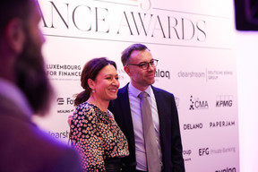 Carine El Nouchi and Pascal Julliard (HSBC) at the 2023 Finance Awards, which took place on Tuesday 21 November 2023 at Casino 2000 in Mondorf. Photo: Eva Krins and Marie Russillo/Maison Moderne
