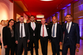 Emanuele Vignoli (HSBC), second from the left, Ray Zubairi (Maison Moderne), third from left, Luca Derlin (Deutsche Bank), second from right, and Nasir Zubairi (Lhoft) on the right at the 2023 Finance Awards, which took place on Tuesday 21 November 2023 at Casino 2000 in Mondorf. Photo: Eva Krins and Marie Russillo/Maison Moderne