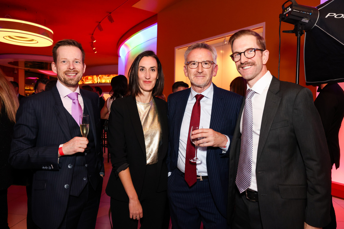 Laetitia Hamon (Luxembourg Stock Exchange), Camille Thommes (Association of the Luxembourg Fund Industry, Alfi), second from the right and Peter Brown (Aztec Group) at the 2023 Finance Awards, which took place on Tuesday 21 November 2023 at Casino 2000 in Mondorf. Photo: Eva Krins and Marie Russillo/Maison Moderne