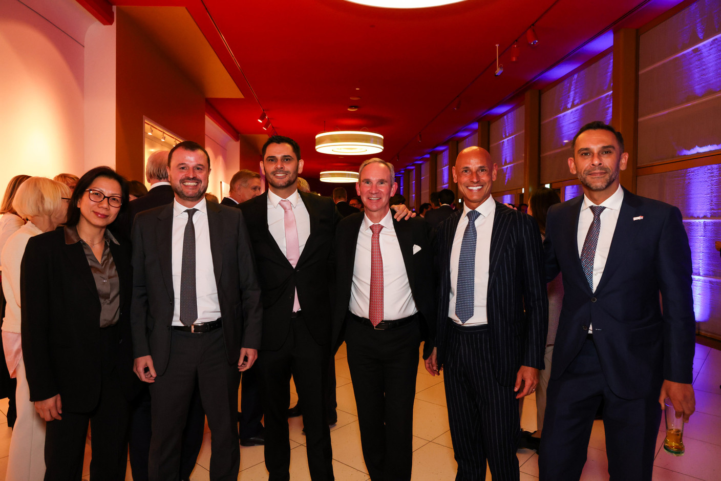 Emanuele Vignoli (HSBC), second from the left, Ray Zubairi (Maison Moderne), third from left, Luca Derlin (Deutsche Bank), second from right, and Nasir Zubairi (Lhoft) on the right at the 2023 Finance Awards, which took place on Tuesday 21 November 2023 at Casino 2000 in Mondorf. Photo: Eva Krins and Marie Russillo/Maison Moderne