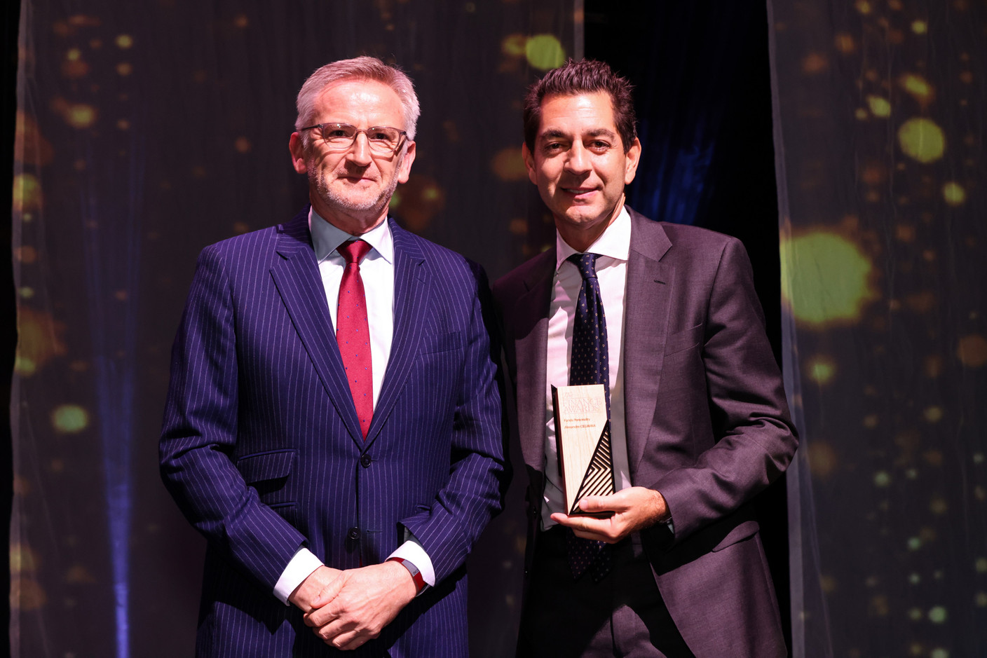 Camille Thommes (Alfi) and Alexandre Cegarra (Société Générale). Cegarra was the winner in the “Funds personality” category at the 2023 Finance Awards, which took place on Tuesday 21 November 2023 at Casino 2000 in Mondorf. Photo: Eva Krins and Marie Russillo/Maison Moderne