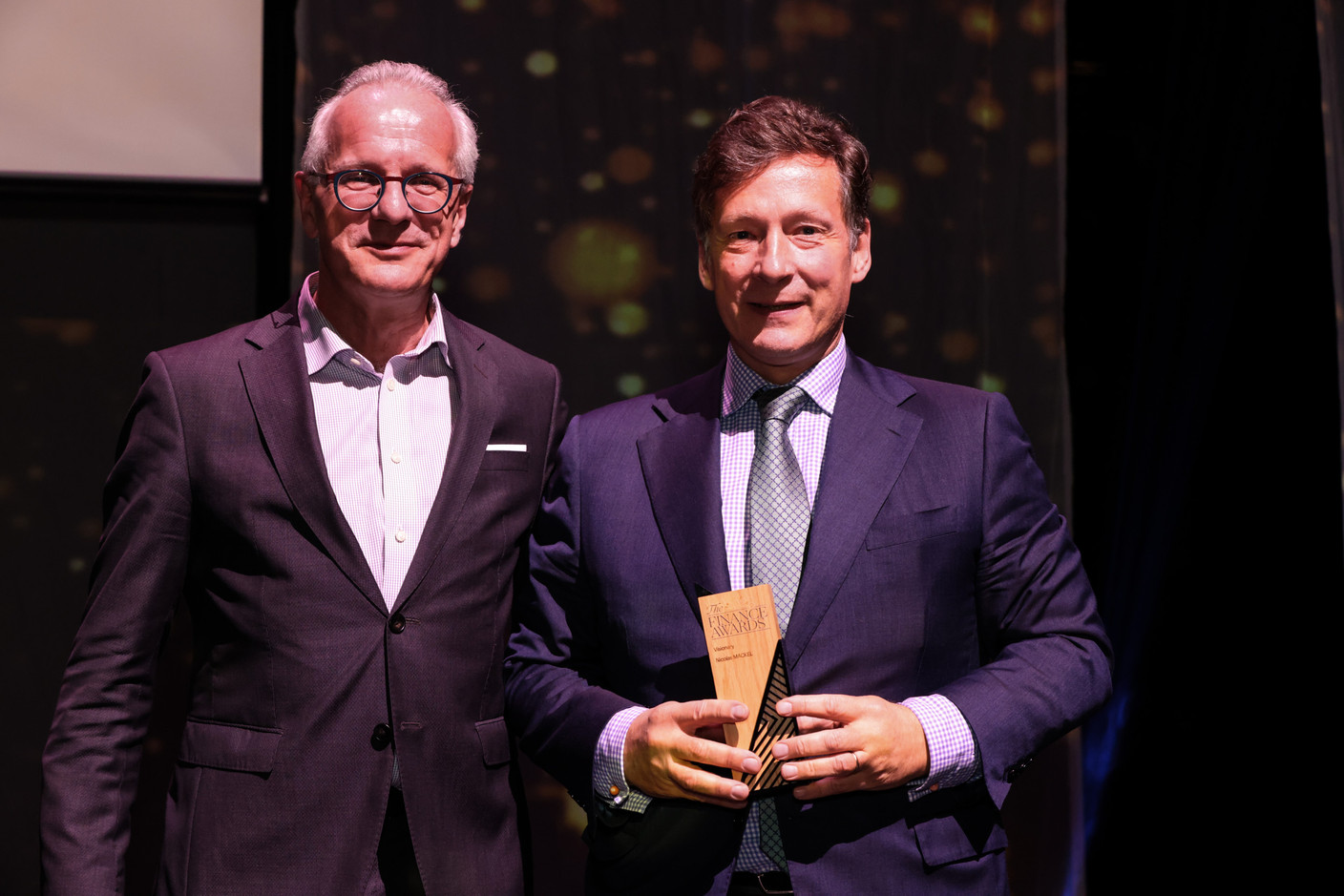 Marc Lauer (Foyer) and Nicolas Mackel (Luxembourg For Finance). Mackel was the winner in the “Visionary” category at the 2023 Finance Awards, which took place on Tuesday 21 November 2023 at Casino 2000 in Mondorf. Photo: Eva Krins and Marie Russillo/Maison Moderne