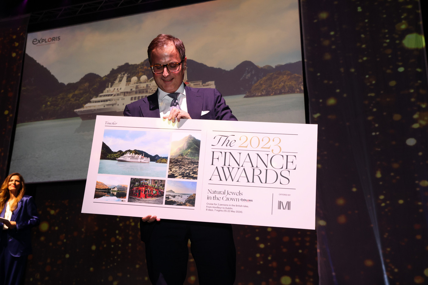 Emanuele Maiocchi (Société Générale) was the lucky attendee who won a week-long cruise during a raffle at the 2023 Finance Awards, which took place on Tuesday 21 November 2023 at Casino 2000 in Mondorf. Photo: Eva Krins and Marie Russillo/Maison Moderne