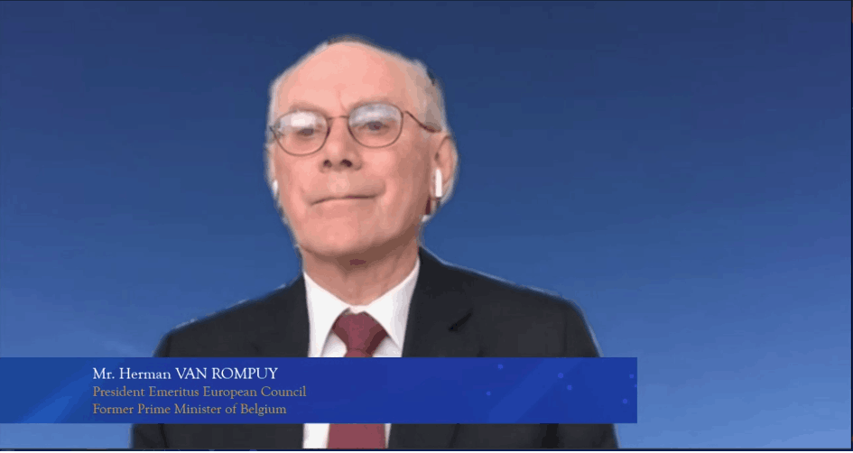 Herman Van Rompuy, former European Council president and former Belgian prime minister, is seen in a screengrab taken during the China–EU Green Economic Cooperation and Development Summit, 8 July 2021. Bank of China Luxembourg