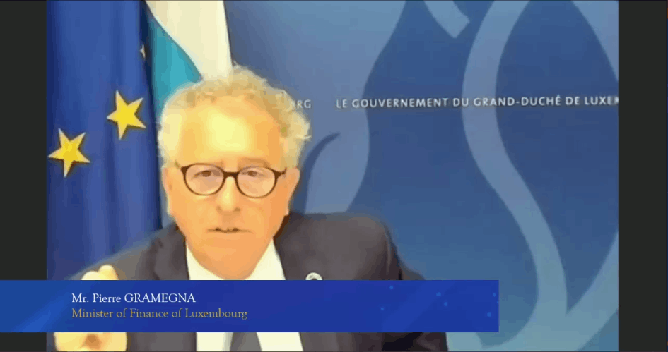 Pierre Gramegna, Luxembourg’s finance minister (DP), seen speaking at an EU–China green finance panel, 8 July 2021. Bank of China Luxembourg