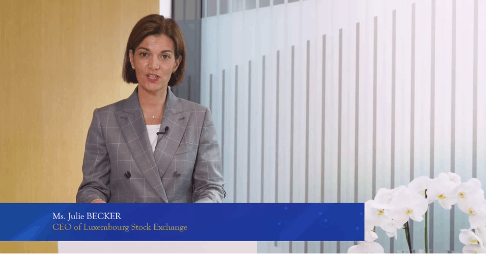Julie Becker, CEO of the Luxembourg Stock Exchange, is seen speaking at an EU–China green finance panel, 8 July 2021. Bank of China Luxembourg