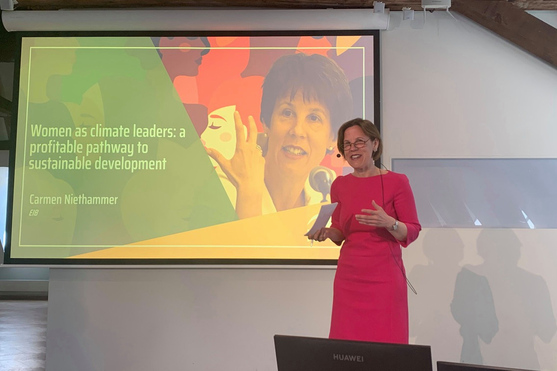 “As an institution we are committed to close gender gaps through our financing,” Carmen Niethammer, senior gender specialist at the European Investment Bank, told Delano during an interview on 6 March 2024. “So, whenever we look at a project, we think through how can this project possibly promote women's employment and/or leadership?” Pictured is Niethammer speaking during a conference in May 2023. Photo: EIB