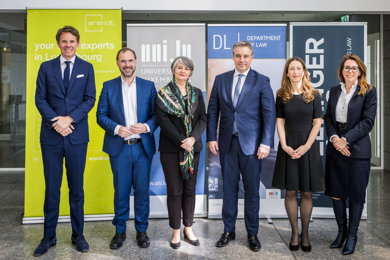 The master’s degree in investment funds law was launched by several partners. From left to right: Gilles Dusemon (partner, Arendt & Medernach), Jens Kreisel (rector, University of Luxembourg), Isabelle Riassetto (chair, University of Luxembourg), Claude Meisch (education minister), Katalin Ligeti (dean, University of Luxembourg), Sophie Laguesse (partner, Elvinger Hoss Prussen). Photo: Olivier Dessy