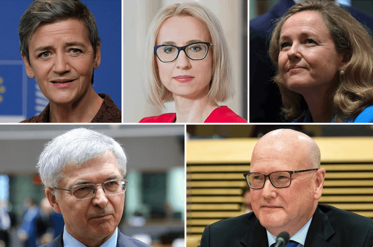 Margrethe Vestager, Teresa Czerwińska, Nadia Calviño, Daniele Franco and Thomas Östros are the five candidates who have been assessed by the EIB’s consultative committee on appointments to succeed Werner Hoyer. Photos: Shutterstock, EU. Montage: Maison Moderne