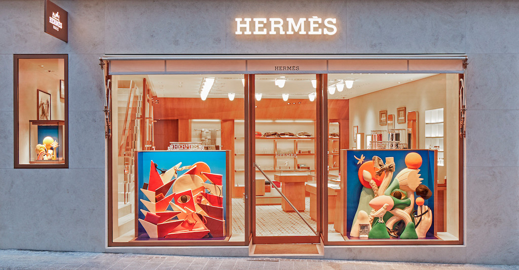 The façade of the Luxembourg Hermès store on rue Philippe II with art works by Martine Feipel and Jean Bechameil in the window. Timothée Chambovet