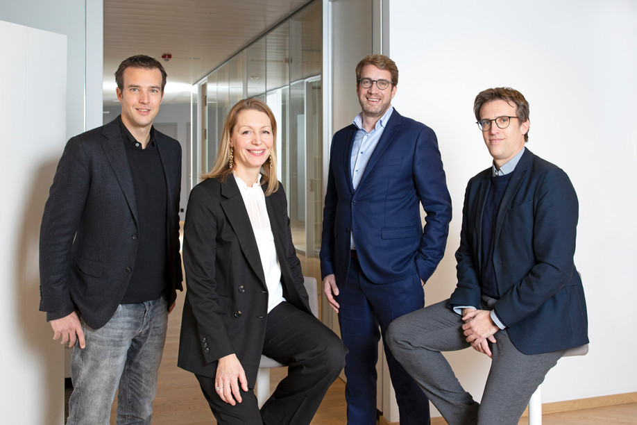 From left to right, Laurent Muller, Florence Bastin, Marc Meyers and Frédéric Muller, gathered in the context of the consolidation of their accounting firms. (Photo: Olivier Minaire)