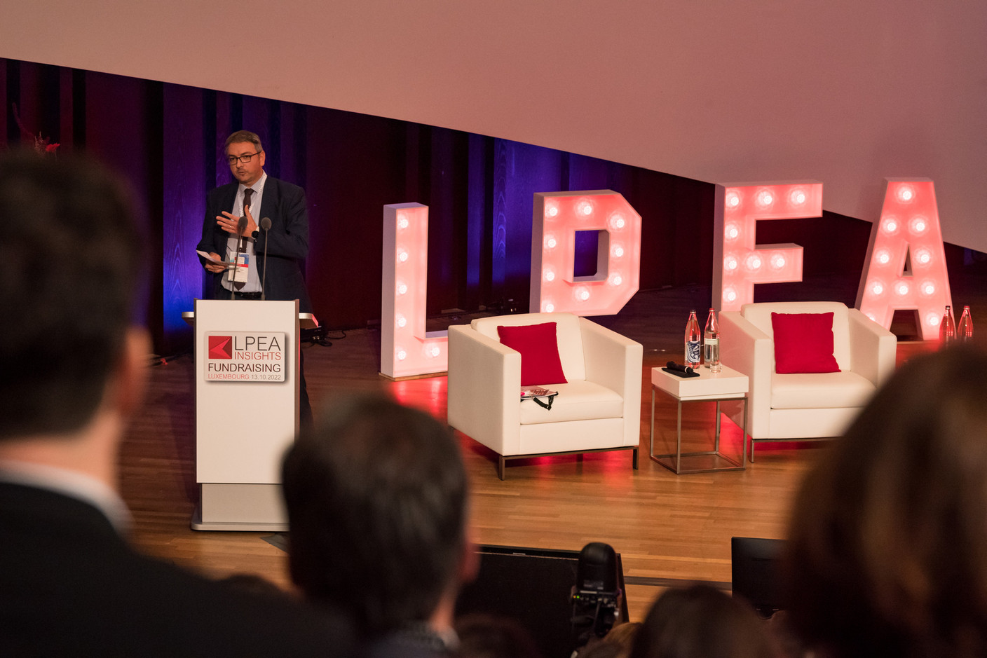 Stéphane Pesch, CEO of the Luxembourg Private Equity and Venture Capital Association, is seen speaking during LPEA Insights 2022, 13 October 2022. Photo: Nader Ghavami