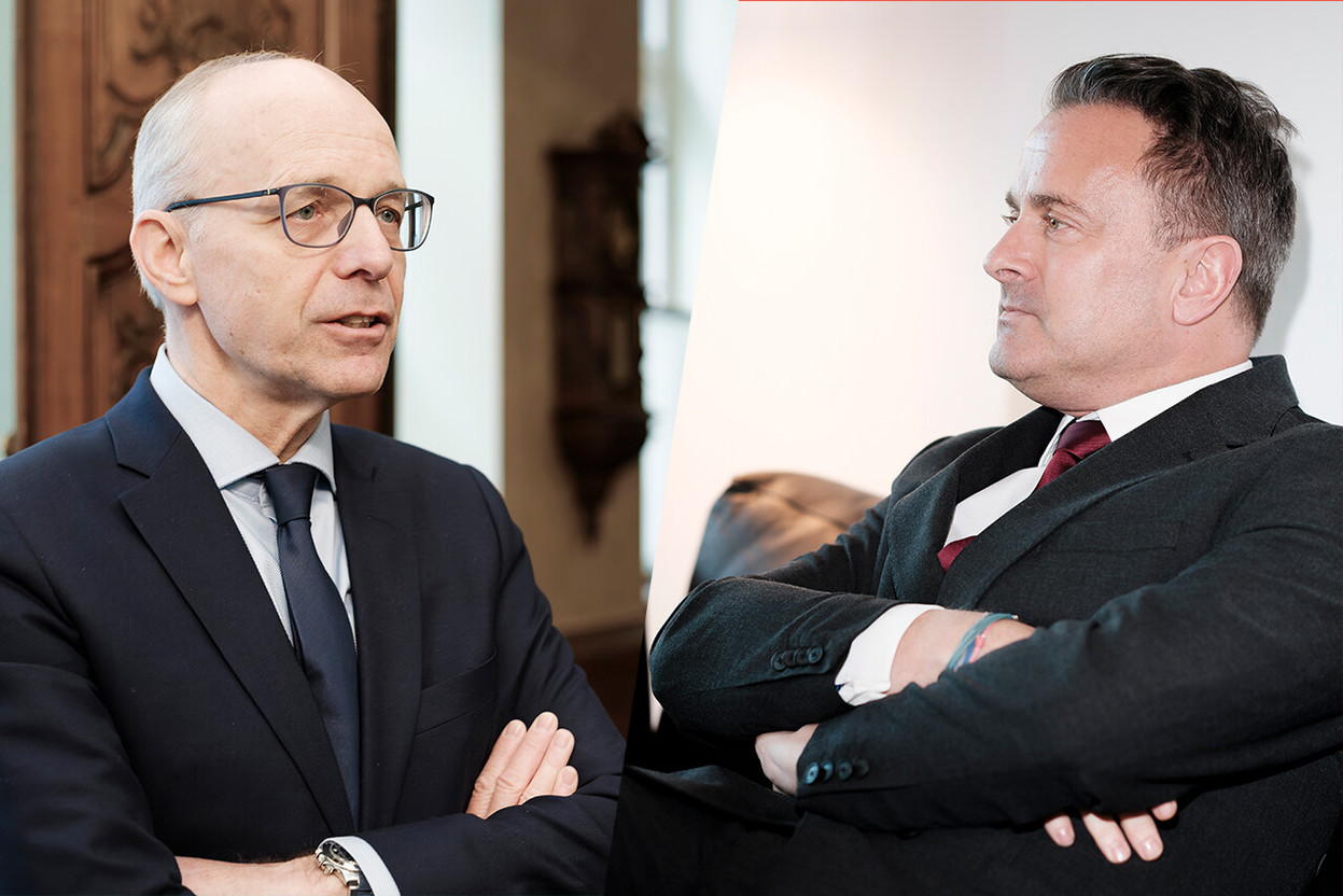 Prime Minister Luc Frieden and Deputy Prime Minister and Minister for Foreign Affairs Xavier Bettel, during separate interviews conducted for issue 266 of Paperjam.  (Photos: Jan Hanrion/Paperjam; editing: Paperjam)