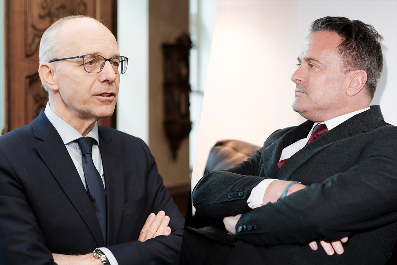 Prime Minister Luc Frieden and Deputy Prime Minister and Minister for Foreign Affairs Xavier Bettel, during separate interviews conducted for issue 266 of Paperjam.  (Photos: Jan Hanrion/Paperjam; editing: Paperjam)