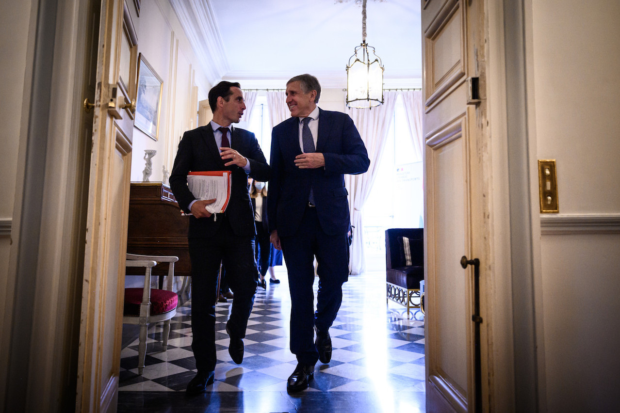 French minister for transport Jean-Baptiste Djebbari and François Bausch at the Hôtel de Roquelaure in Paris on Wednesday.  Manuel Bouquet/Terra
