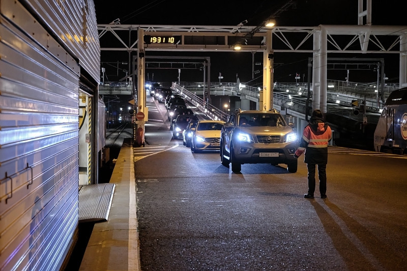 Cars boarding a Eurotunnel train. British residents of the EU who travelled to the UK before 28 December are again being allowed to transit back home via France.  Eurotunnel Le Shuttle 