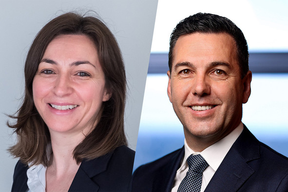 Caroline Baron, responsable de la distribution des ETF, EMEA, chez Franklin Templeton, et Matt Harrison, responsable des Amériques (hors États-Unis), de l’Europe et du Royaume-Uni. (Photos: Matt Guegan/Franklin Templeton. Montage: Maison Moderne)