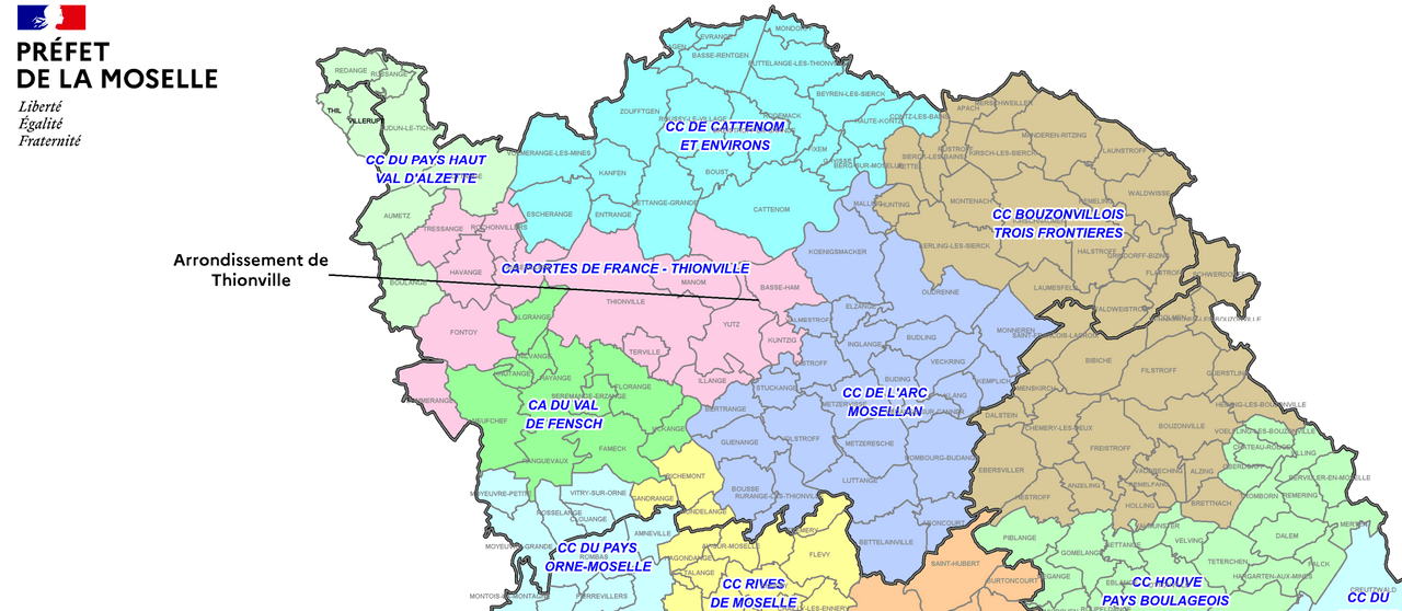 A map of the Thionville arrondissement, which includes the new large conurbation, but also the Cattenom CC and the Pays Haut Val d'Alzette CC, which are geographically closer to the border.  (Map: Moselle Prefecture)