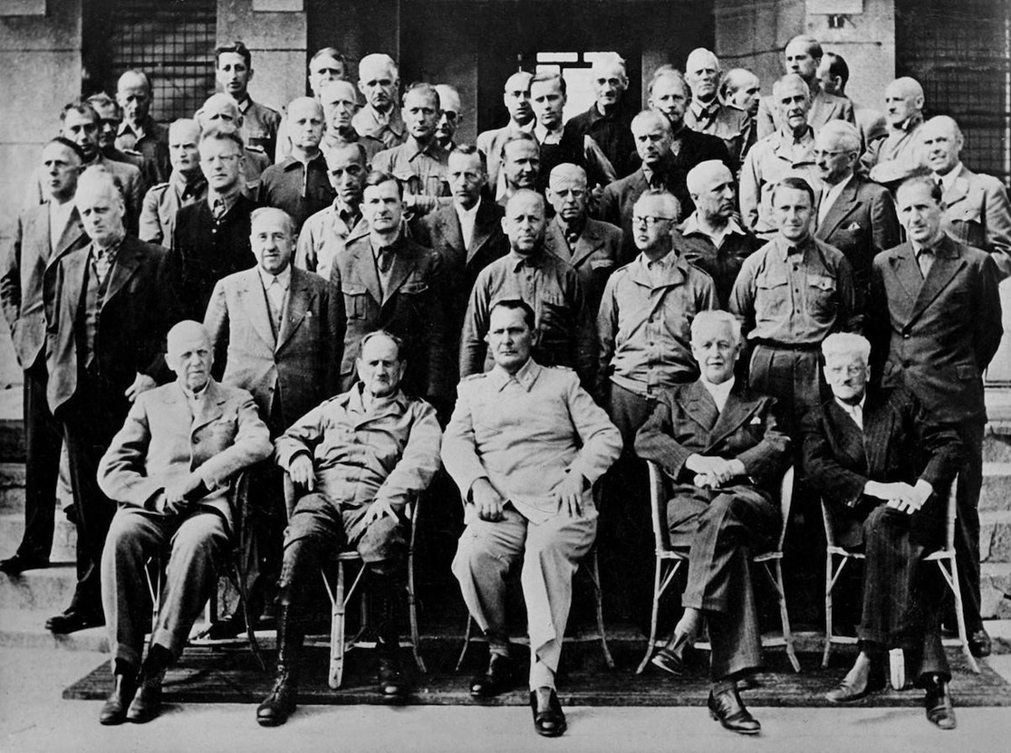 A group photo of Nazi prisoners at the Ashcan prison, the converted Palace Hotel in Bad Mondorf, with the unmistakeable figure of Hermann Göring front centre. Municipality of Bad Mondorf