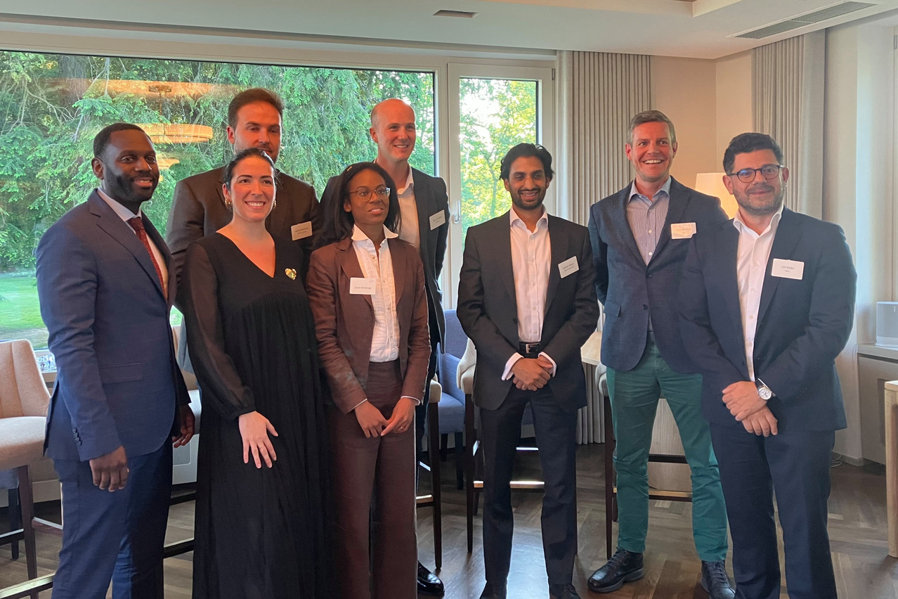 Pictured l to r: Michael Mbayi (Praxio), Priscilia Talbot (IMS Luxembourg), Adnes Muhovic (Clifford Chance), Laura Archange (Arendt & Medernach), Basile Gerber (Kartesia), Nathan Mistry (RBSI), Lionel Bodson (Banque Internationale à Luxembourg) and Jad Nader (Ogier). Photo: Lydia Linna/Maison Moderne