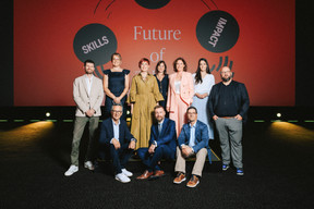 Tom Felten (Schroeder & Associés), Aline Giersch (Dentons Luxembourg), Romain Raux (University of Luxembourg), Vinciane Istace (PWC Luxembourg), Romain Gossent (Lombard Odier), Stéphanie Borner (Fischer/Panelux), Muriel Morbé (Chamber of Commerce), Joël Machado (Liser), Delphine Debailleul (Cargolux Airlines) and Laurent Peusch (ADEM). (Photo : Julian Pierrot / Paperjam)