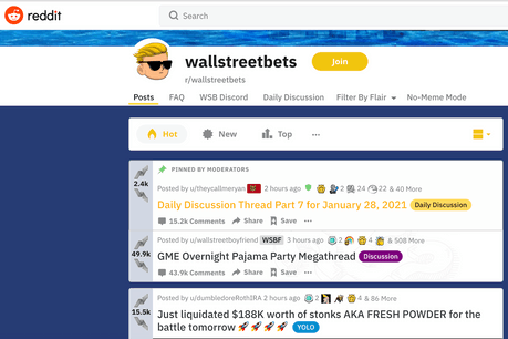 C’est là, sur WallStreetBets, littéralement les paris de Wall Street, que s’est organisée la résistance aux hedge funds. Là où les tout petits actionnaires sont devenus plus puissants que les vendeurs à découvert. (Photo: Screenshot Reddit)