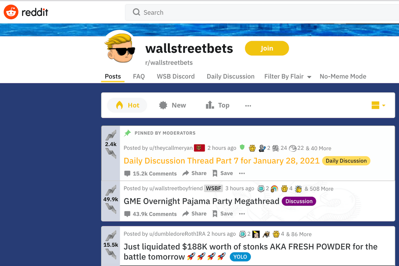 C’est là, sur WallStreetBets, littéralement les paris de Wall Street, que s’est organisée la résistance aux hedge funds. Là où les tout petits actionnaires sont devenus plus puissants que les vendeurs à découvert. (Photo: Screenshot Reddit)