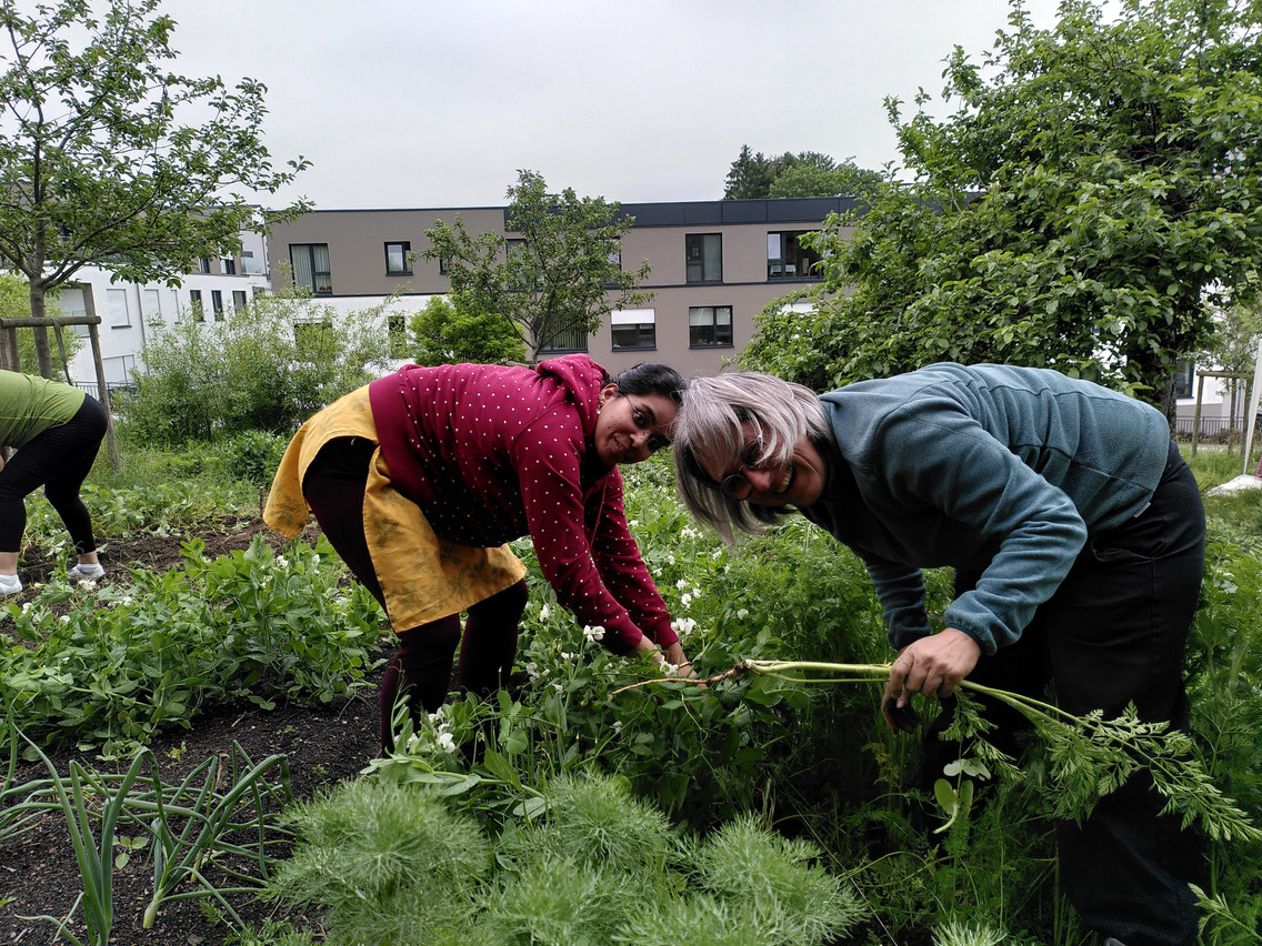  Karine Paris is pictured, right, helping a member in a community garden in Luxembourg  JB