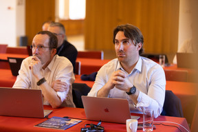 Pascal Gonzales and Anthony Bossone (Nomura Bank) at the Gen AI Bootcamp session dedicated to finance and risk management professionals, held at Spuerkeess, 3 April 2025. Photo: Eva Krins/Maison Moderne