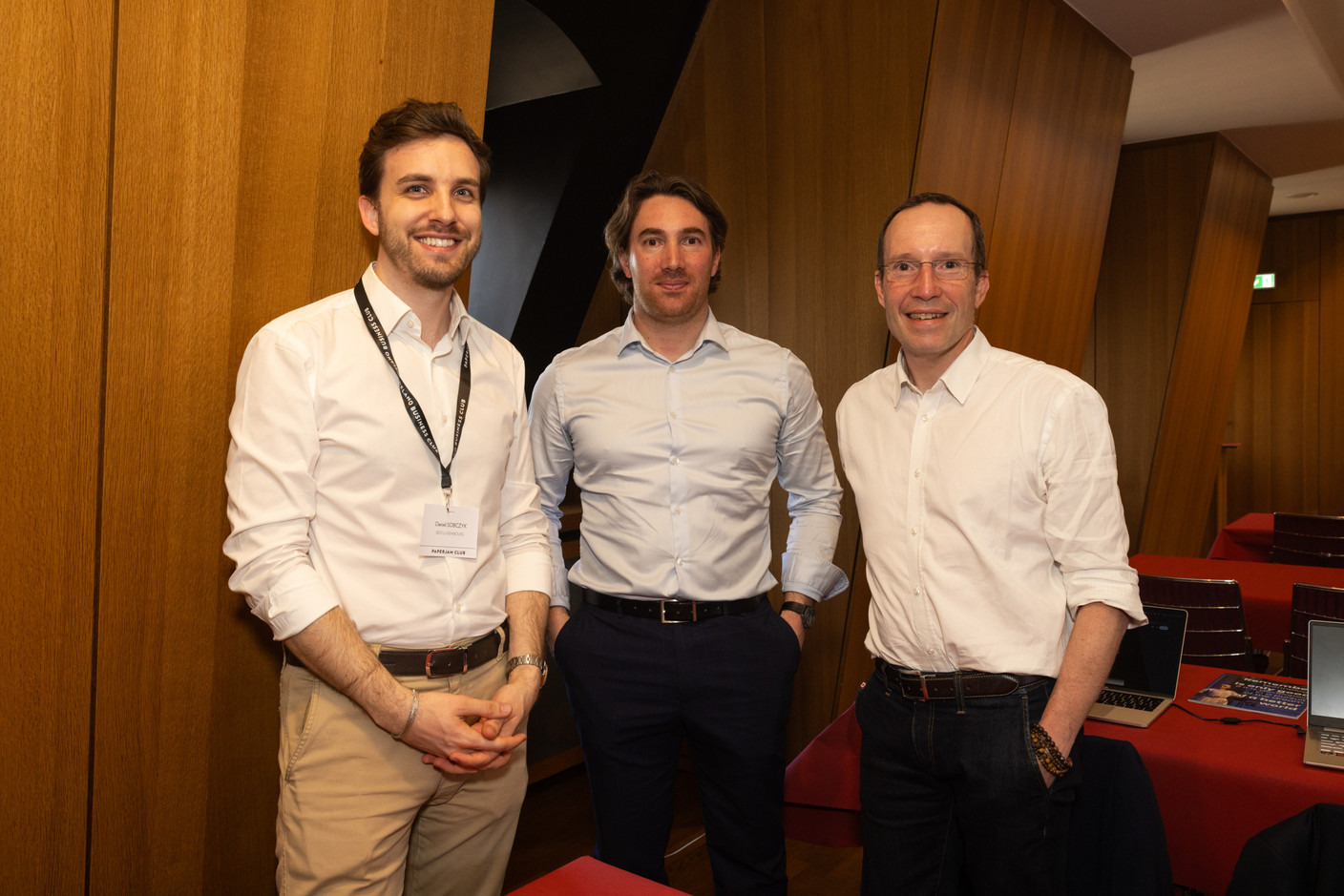 Daniel Sobczyk (BDO Luxembourg), Anthony Bossone and Pascal Gonzales (Nomura Bank) at the Gen AI Bootcamp session dedicated to finance and risk management professionals, held at Spuerkeess, 3 April 2025. Photo: Eva Krins/Maison Moderne