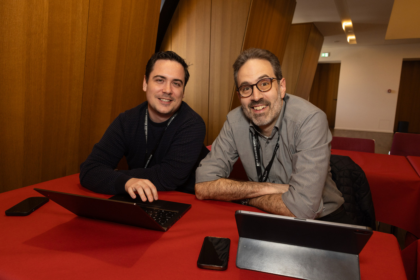 Alexandre Girard and Lars Weber (Spuerkeess) at the Gen AI Bootcamp session dedicated to finance and risk management professionals, held at Spuerkeess, 3 April 2025. Photo: Eva Krins/Maison Moderne