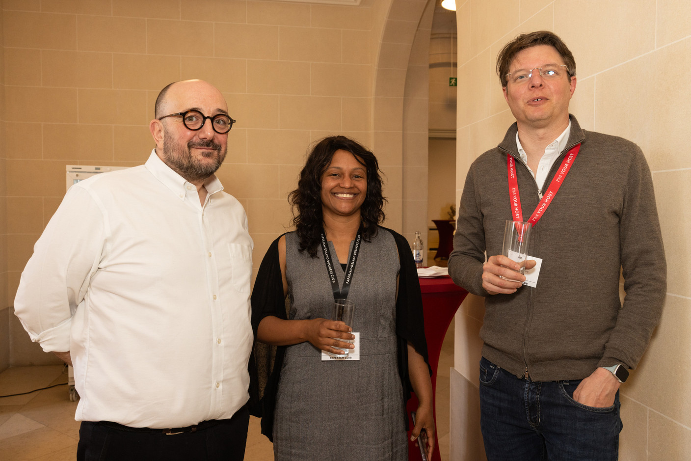 William Régault (Hub Institute), Elisabeth Hendrick (Ecole Européenne) and Etienne Velasti (Maison Moderne) at the Gen AI Bootcamp session dedicated to finance and risk management professionals, held at Spuerkeess, 3 April 2025. Photo: Eva Krins/Maison Moderne