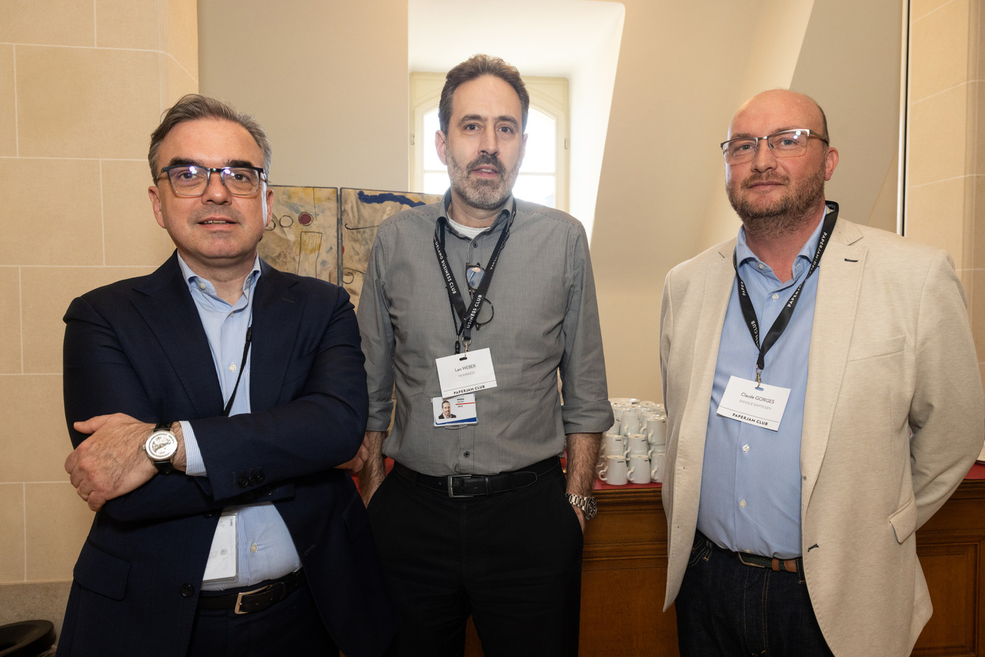 Claude Hirtzig, Lars Weber (Spuerkeess) and Claude Gorges (Banque Raiffeisen) at the Gen AI Bootcamp session dedicated to finance and risk management professionals, held at Spuerkeess, 3 April 2025. Photo: Eva Krins/Maison Moderne