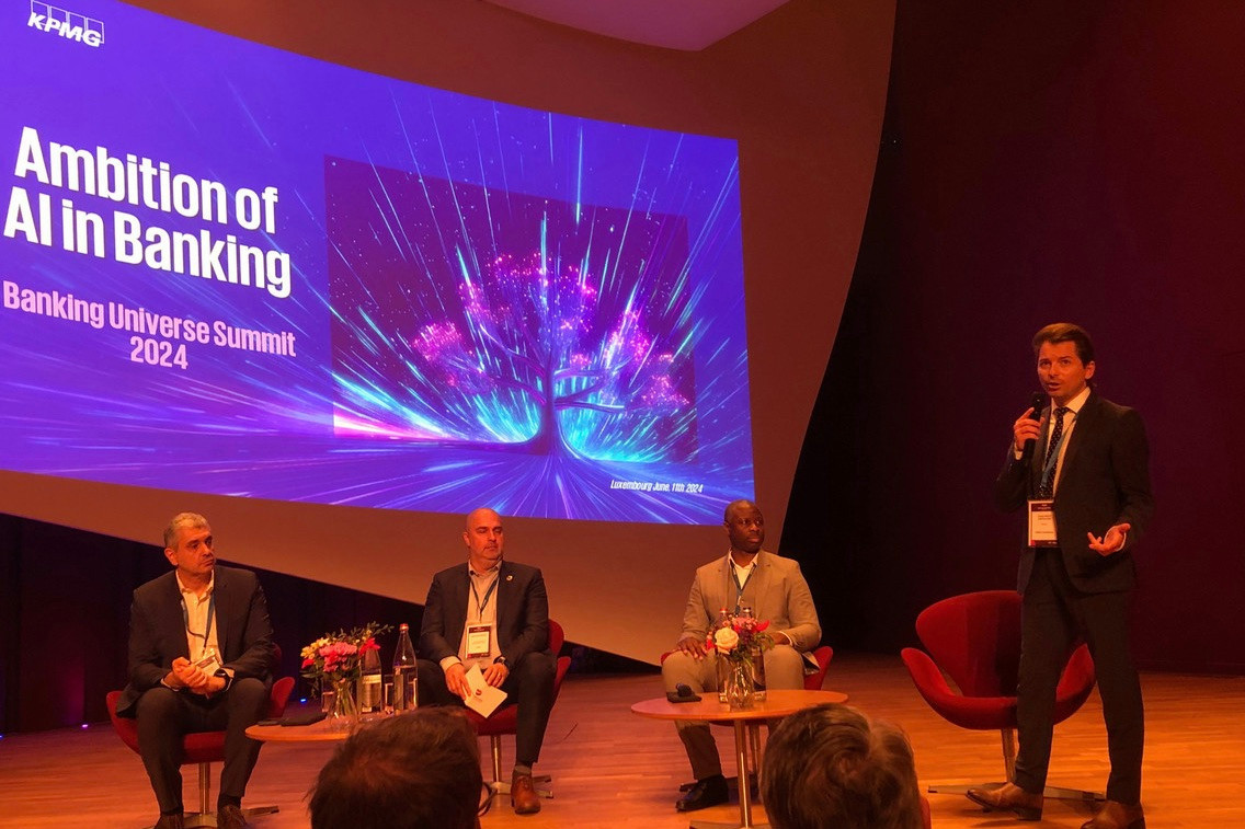 Delano attended the “Ambition of AI in banking” panel discussion at the Banking Universe Summit organised by the Luxembourg Bankers’ Association (ABBL) at the Philharmonie in Luxembourg on 11 June 2024. Pictured: Rui Rosado Gonçalves (KPMG), Laurent Pulinckx, (Luxembourg Stock Exchange), Yannick Huchard (Banque Internationale à Luxembourg) and Xavier Roch Lhotellier (KPMG). Photo: Sylvain Barrette/Maison Moderne