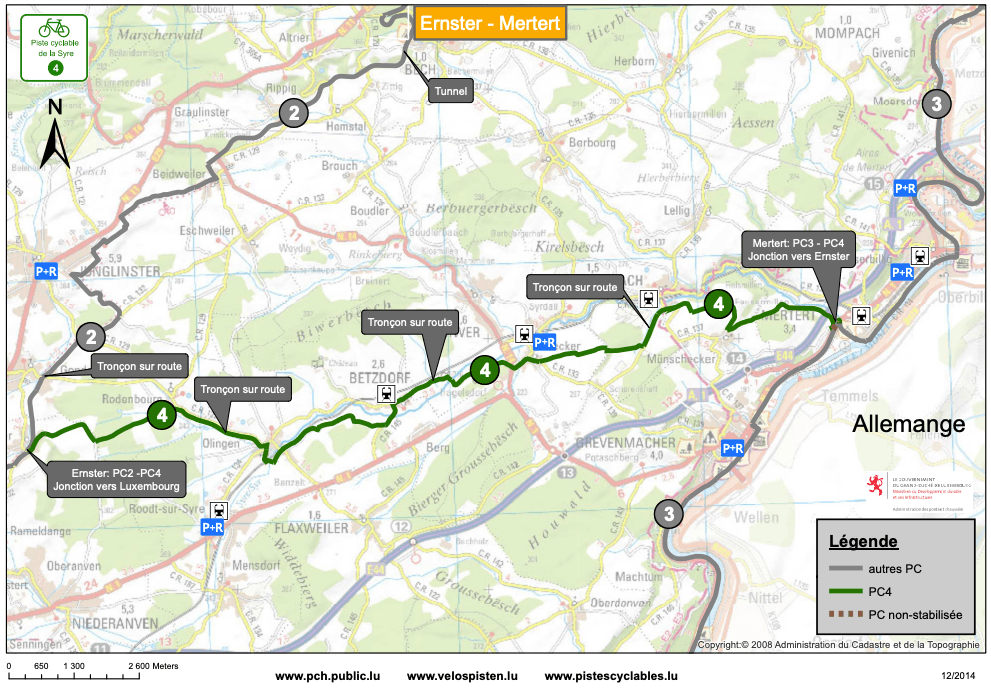 La piste cyclable de la Syre fait la liaison entre les pistes PC2 (Ernster) et PC3 (Mertert) en passant par Betzdorf et Manternach. (Carte: travaux.public.lu)