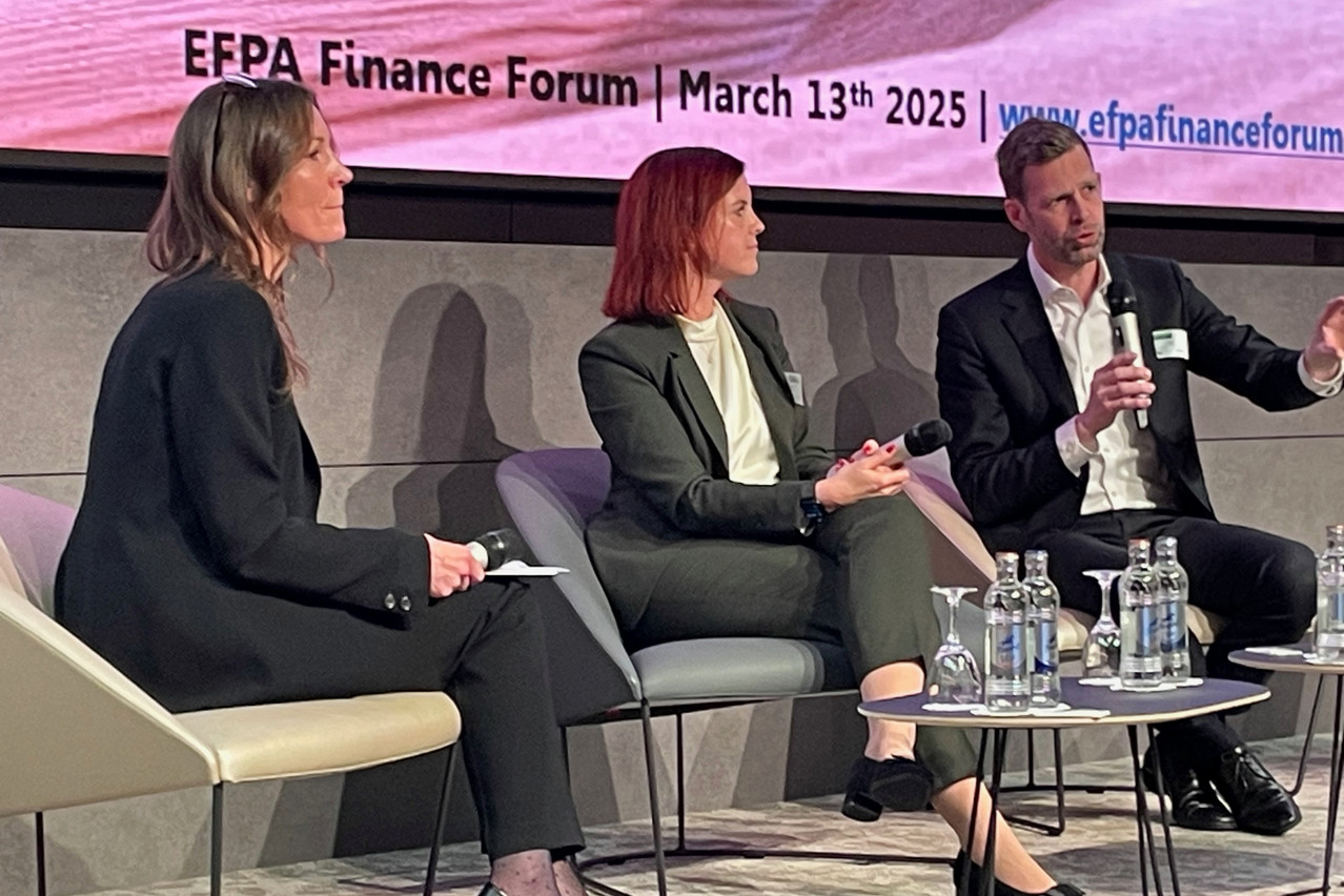 Marie-Therese Wich (centre), counsel at GSK Stockmann, and Robert Wall (right), managing director and head of sustainable private infrastructure at Lazard Fund Managers, talked to Nicole Thomé, chairperson at CAIA Luxembourg during the panel discussion “Alternative Strategies and Sustainability” at the EFPA Finance Forum 2025. Photo: Sylvain Barrette