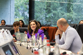  (centre) The European Investment Bank’s “The Element of Disaster conference was moderated by Tanya Beckett from the BBC, 26 October 2023. Romain Gamba/Maison Moderne