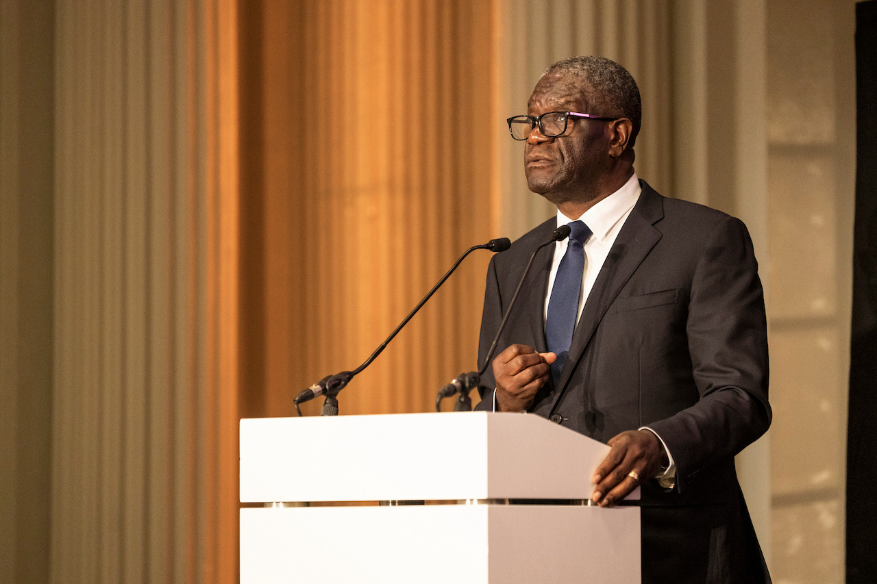 Dr Denis Mukwege addresses the guests at the Stand Speak Rise Up! gala in Biarritz on 15 October JULIO PIATTI