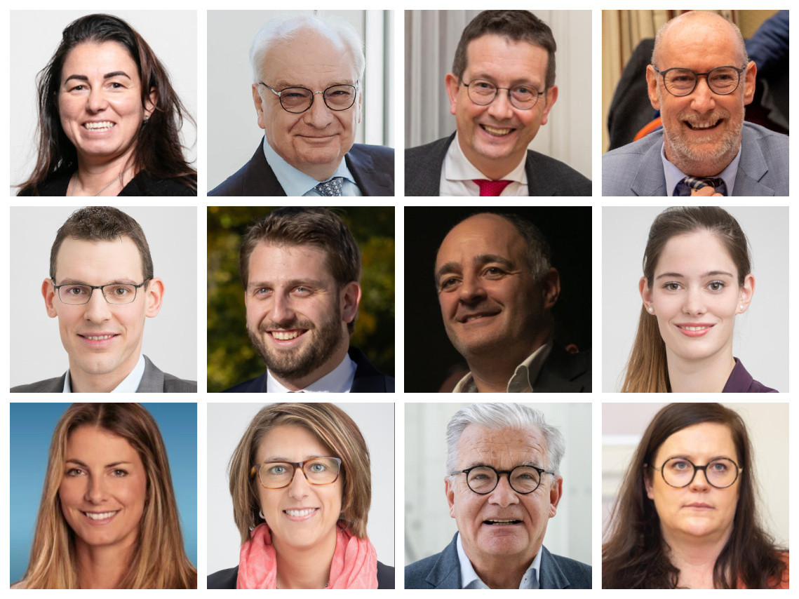 (De g. à d. et de haut en bas) Barbara Agostino (DP), Guy Arendt (DP), Maurice Bauer (CSV), Gilles Baum (DP), Jeff Boonen (CSV), Alex Donnersbach (CSV), Patrick Goldschmidt (DP), Françoise Kemp (CSV), Mandy Minella (DP), Nathalie Morgenthaler (CSV), Laurent Mosar (CSV), Stéphanie Weydert (CSV). (Photos: DR/Montage: Maison Moderne)