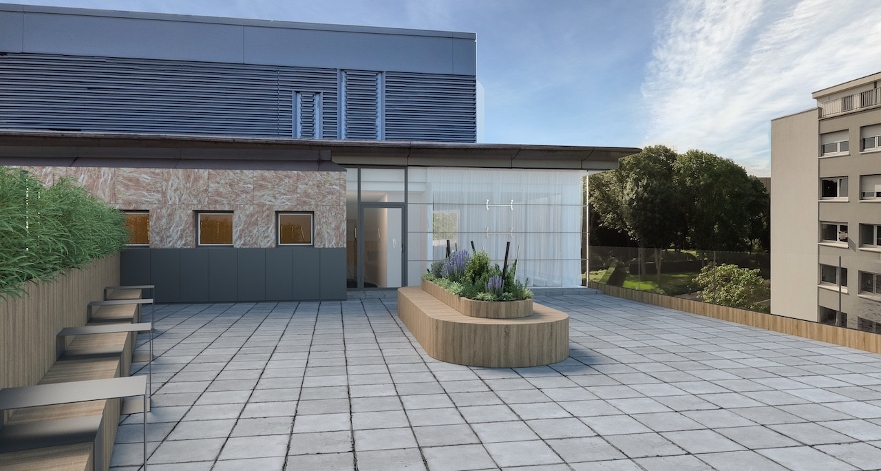 Sur le toit, une belle terrasse sera partagée par les usagers de l’immeuble. (Illustration: Panhard Luxembourg)