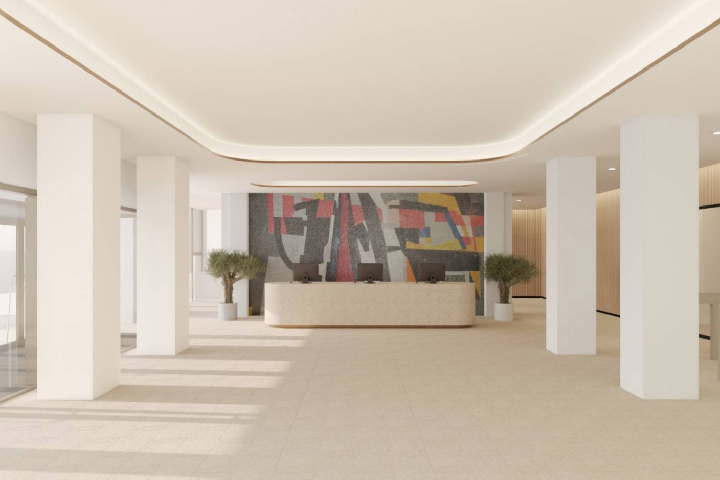 Reception area at the entrance to the new CFL headquarters, with preservation of the historic fresco. Illustration : Metaform