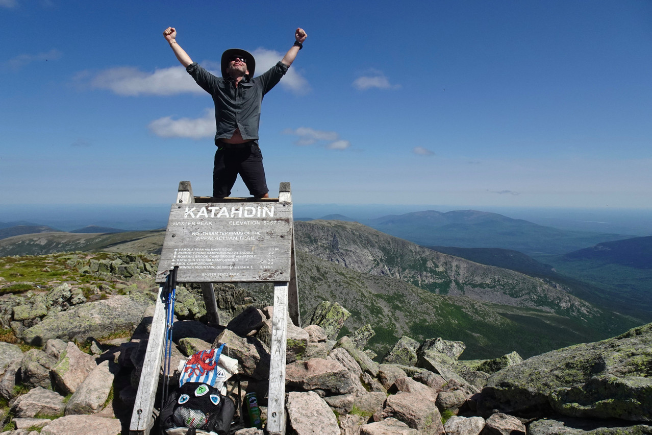 At 5,269 feet tall (1,606m), Mount Katahdin is Maine’s tallest mountain and the northern terminus of the Appalachian Trail. Pictured is Luxembourger Guy Christen at the end of his five-month hike. Photo: Guy Christen