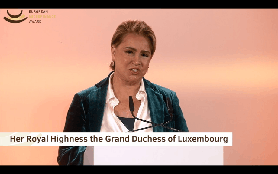 Her Royal Highness, the Grand Duchess of Luxembourg announced the winner of the 2021 European Microfinance Award – Fonkoze – at the award ceremony. Screenshot from the hybrid event