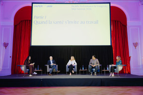 Maëlle Hamma (Paperjam), Gilles Michaux (GesondheetsZentrum – Fondation Hôpitaux Robert Schuman ), Delphine Berlemont (PwC Luxembourg), Abdu Gnaba (Sociolab) and Chloé Philibert (Arendt). Photo: Julian Pierrot/Paperjam