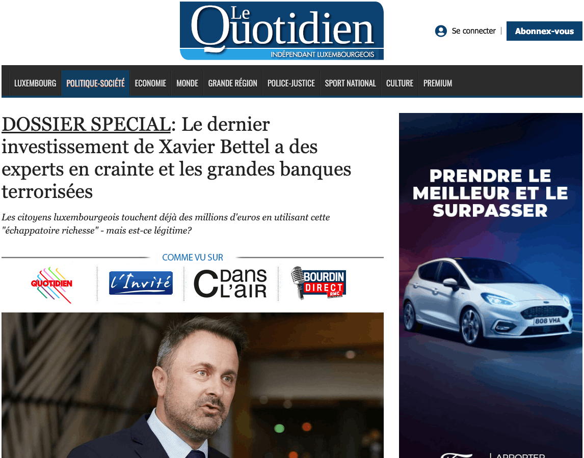 “SPECIAL FEATURE: Xavier Bettel’s latest investment has experts in awe and big banks in terror,” reads this headline. It’s a scam. Screenshot: Maison Moderne