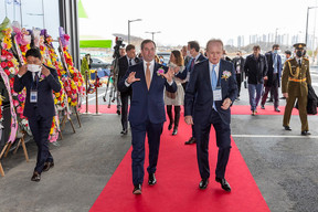 Crown Prince Guillaume being welcomed by Rotarex CEO Jean-Claude Schmitz Rotarex’s new site in Asan, South Korea, 29 November 2022.   Photo: SIP / Julien Warnand