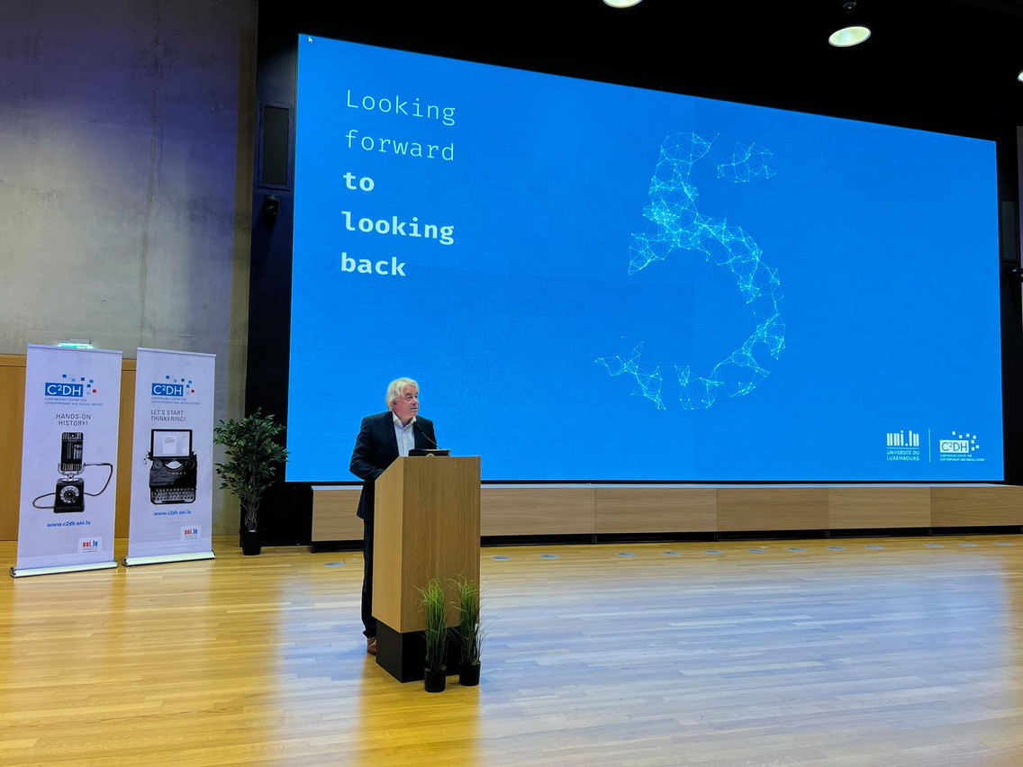 C2DH director Andreas Fickers speaking at an anniversary event on 25 May Photo: University of Luxembourg