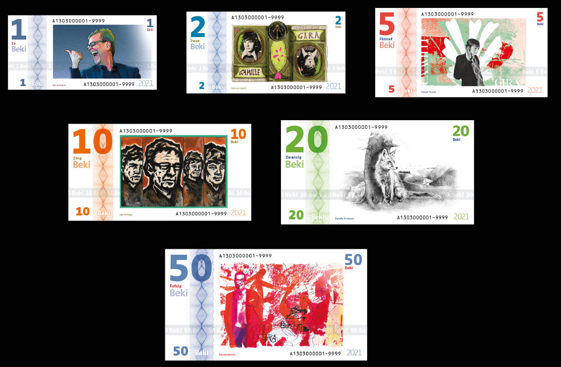 Six artistes ont réalisé une série limitée de billets Beki en hommage à Camille Gira. (Visuel: De Kär)