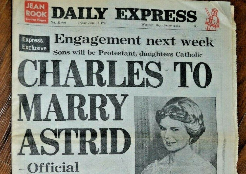  The front page of the Daily Express of 17 June 1977.  The article suggested a constitutional arrangement would mean “any sons of the marriage will be brought up according to the Church of England while daughters will be raised in the Catholic faith”.  Ebay